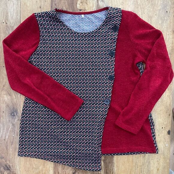 Prima Textil made in Spain asymetrical red & patterned sweater sz M / L - Picture 1 of 11